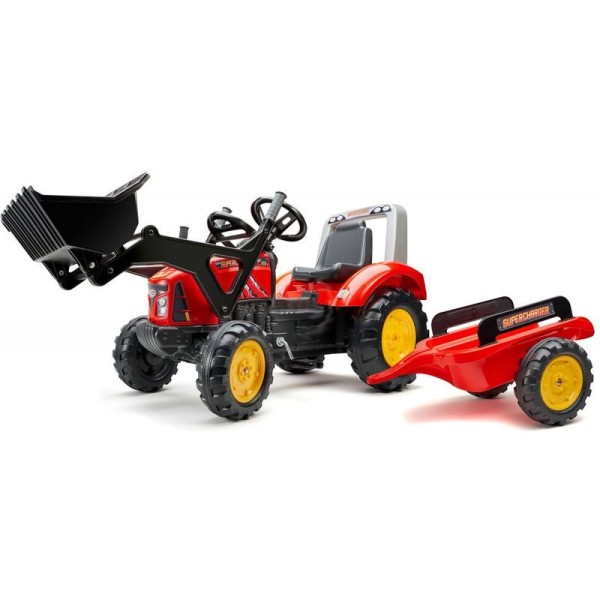 FALK - Šlapací traktor Supercharger s nakladačem a vlečkou červený