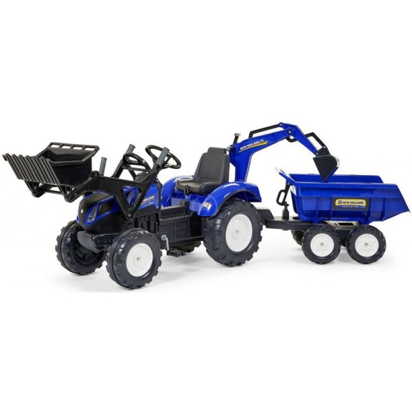 FALK - Šlapací traktor New Holland T8 s nakladačem, rypadlem a maxi vlečkou